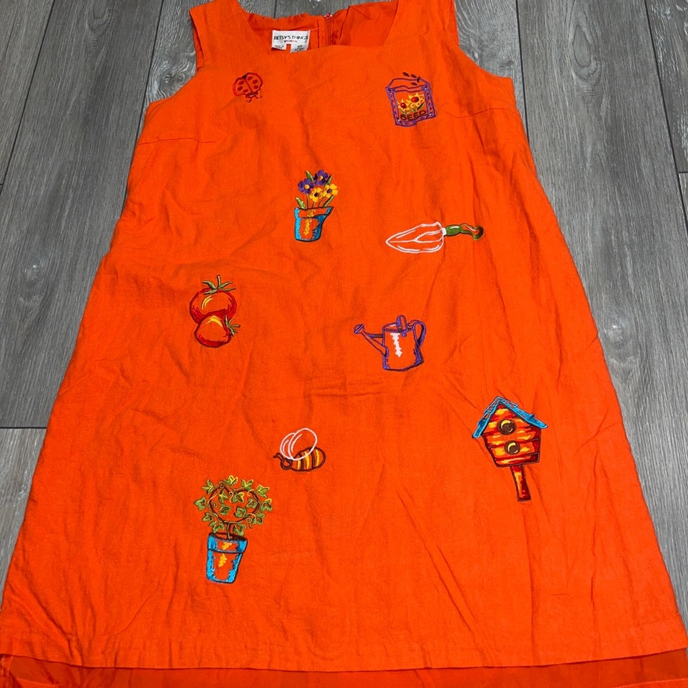 Betsys Things Dress Red Garden Embroidered Womens size 18W Linen blend Lined Vtg